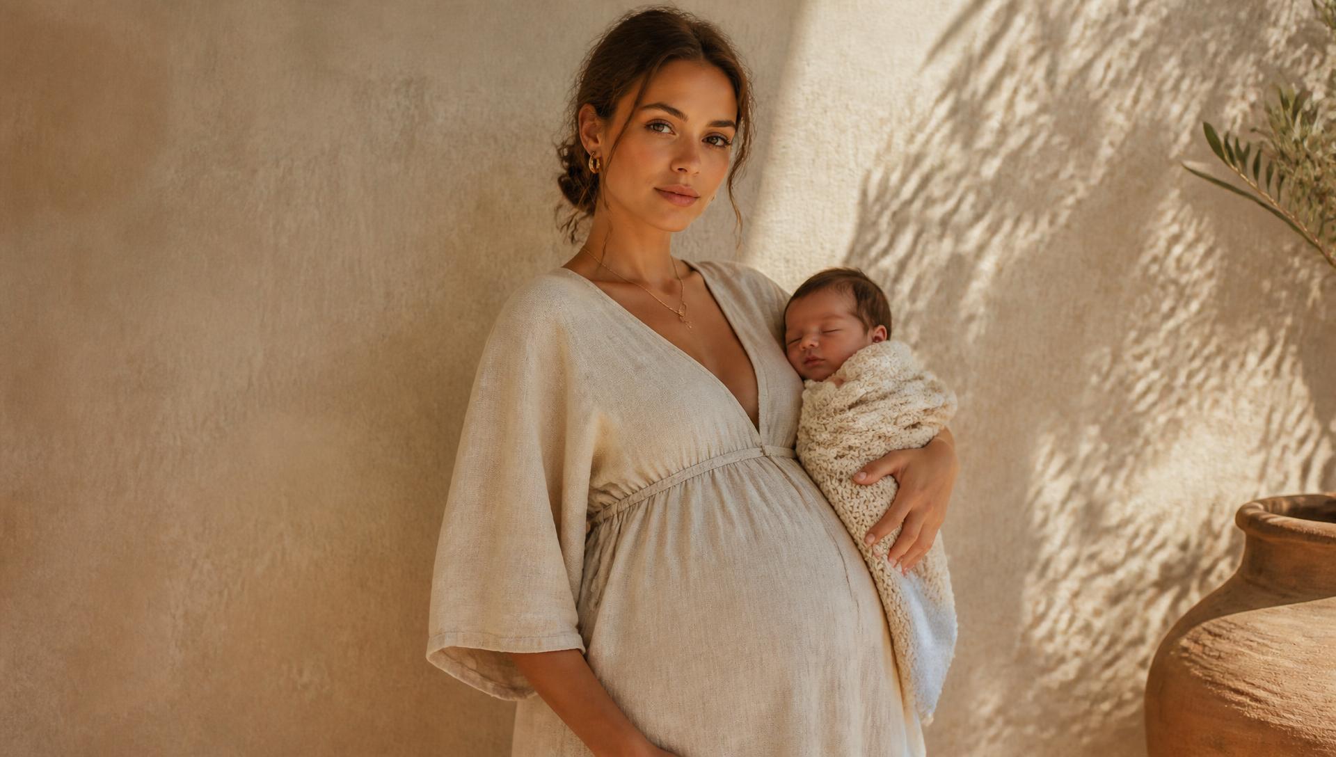 Mãe com o seu bebé recém-nascido em luz natural